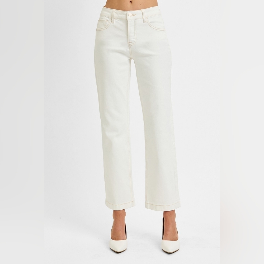 RISEN Mid Rise Tummy Control Straight Ankle Jeans Stretch Cream Neutral NEW - Picture 3 of 6